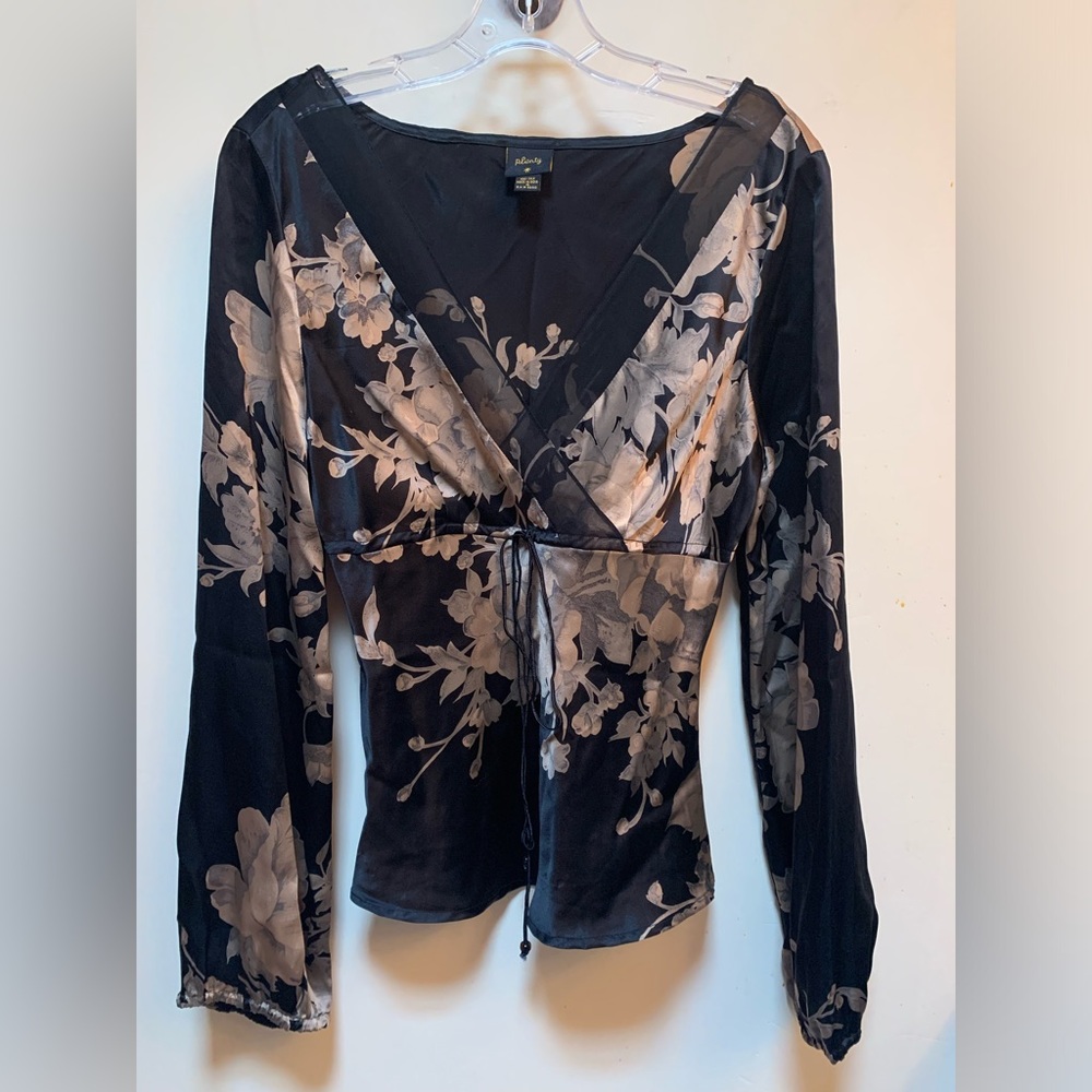 Plenty by Tracy Reese black and tan floral silk top. Size 6